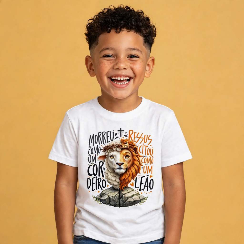 Camiseta Infantil Juvenil Estampada Leão Ovelha Cristão 100% Algodão Premium Criança Personalizada Blusa Camisa Unissex
