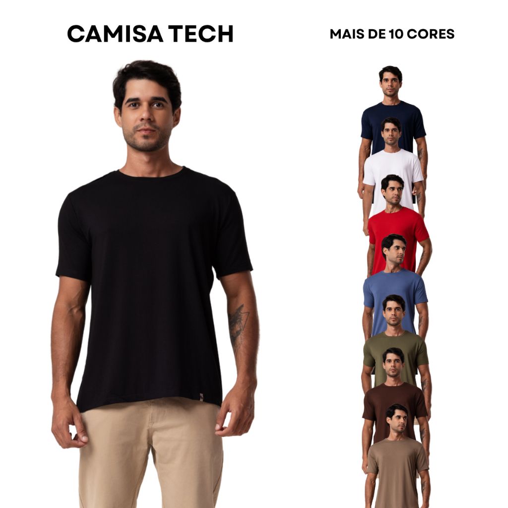Camiseta Masculina Dia a Dia Tech Anti Odor Não Esquenta Camisa Não Amassa Treino Casual Versátil Modal Academia