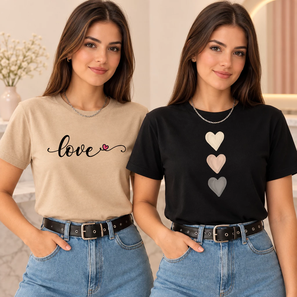 Kit 2 Camisetas Femininas Love Coração Estampada Algodão Premium Básica