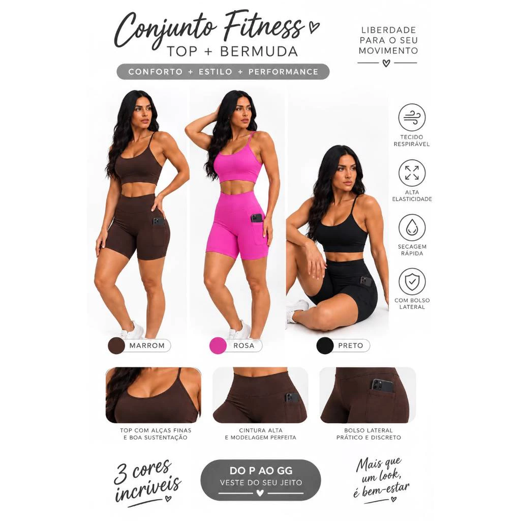 Conjunto Fitness Premium Top + Shorts com Bolso Alta Qualidade Macio e Elástico para Academia e Dia a Dia — imagem 1