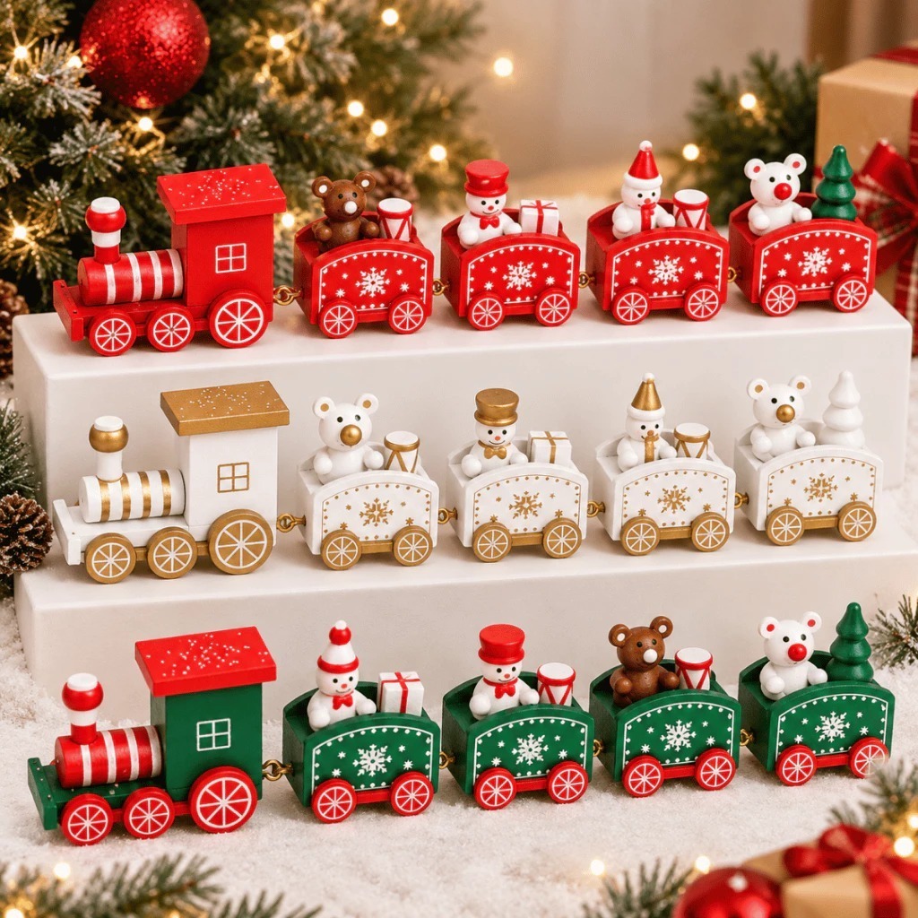 Trenzinho Enfeite De Natal Decoração 4 ou 5 vagões Natalina Trem Brinquedo Madeira Lindo Enfeita Árvore