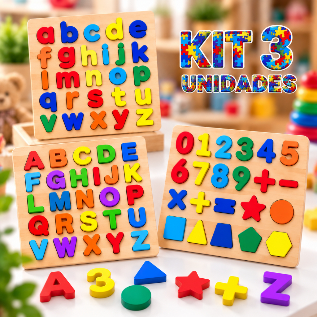 Kit 3 Brinquedos Educativos Madeira Alfabeto Números Encaixe Pedagógico Montessori TEA tamanho 20/20