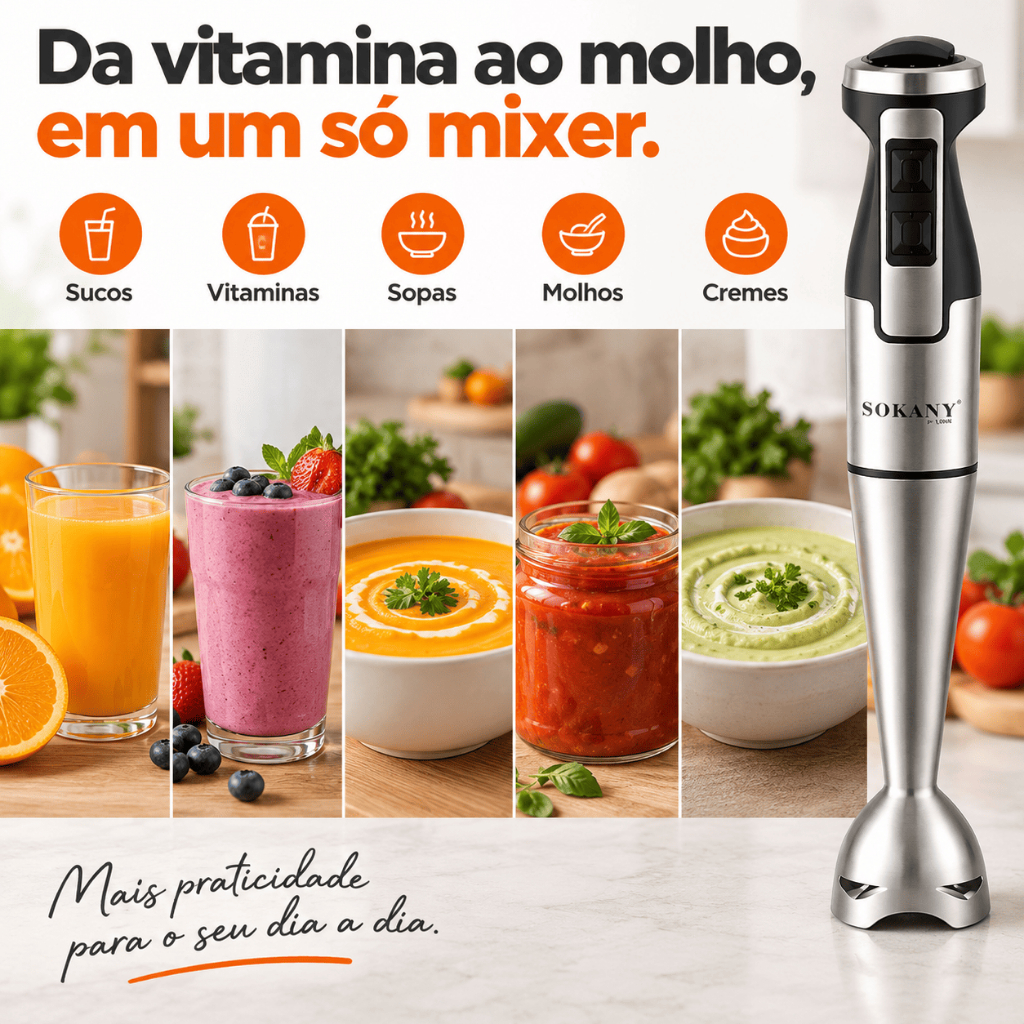 Mixer Elétrico 1000W Aço Inox 2 Velocidades Lâmina Reforçada Sucos Vitaminas Sopas Molhos — imagem 2 de 2