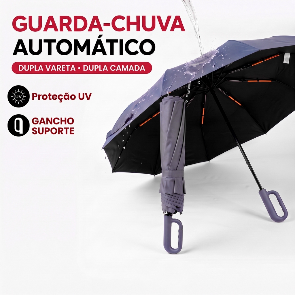 Guarda Chuva Automático com Alça Dobrável 10 Varetas Reforçado Proteção UV Portátil Cabe na Bolsa