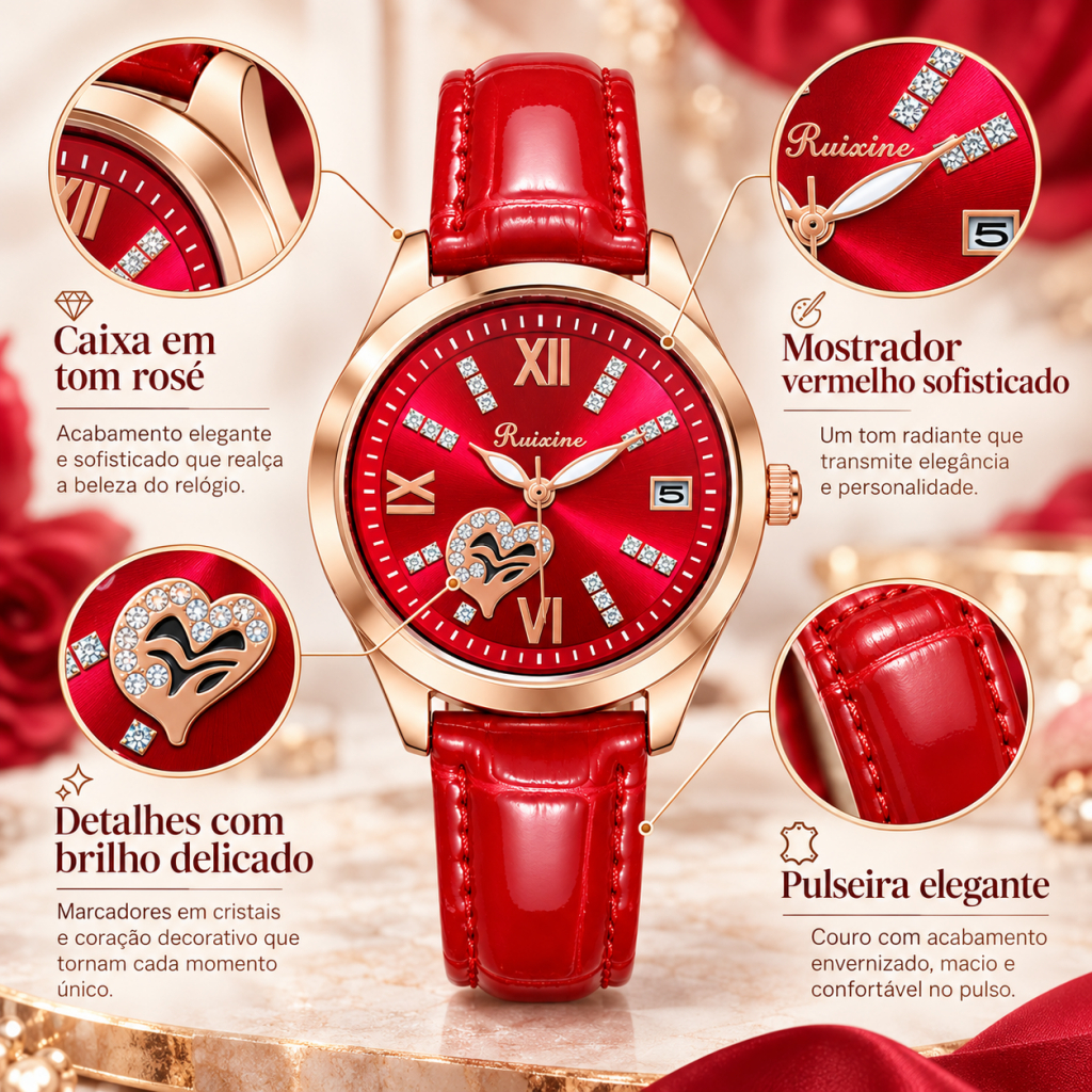 RUIXINE Relógio Feminino Quartzo Pulseira Couro Com Cristais Fashion Clássico Elegante Delicado Premium Social — imagem 2 de 2