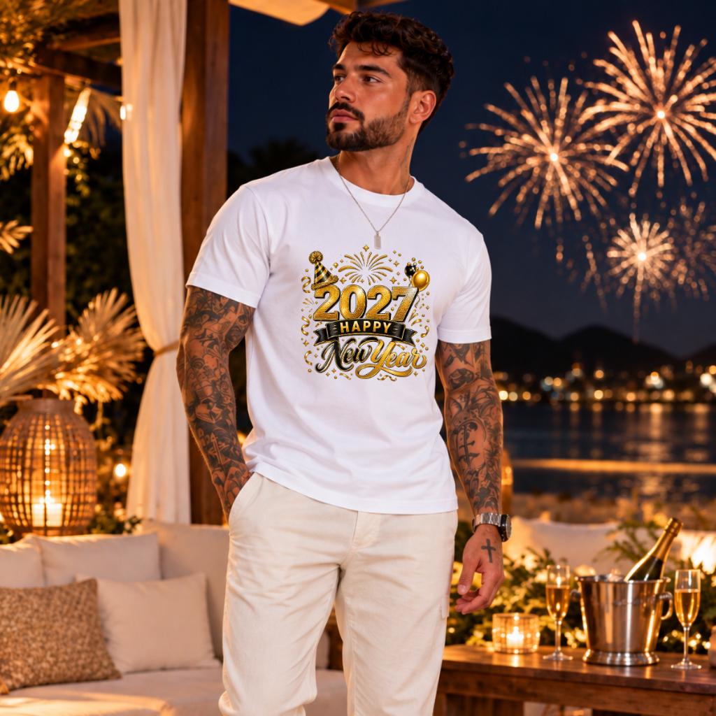 Camiseta masculina branca 2027 Happy New Year manga curta casual 100% Algodão Básica Virada Festas