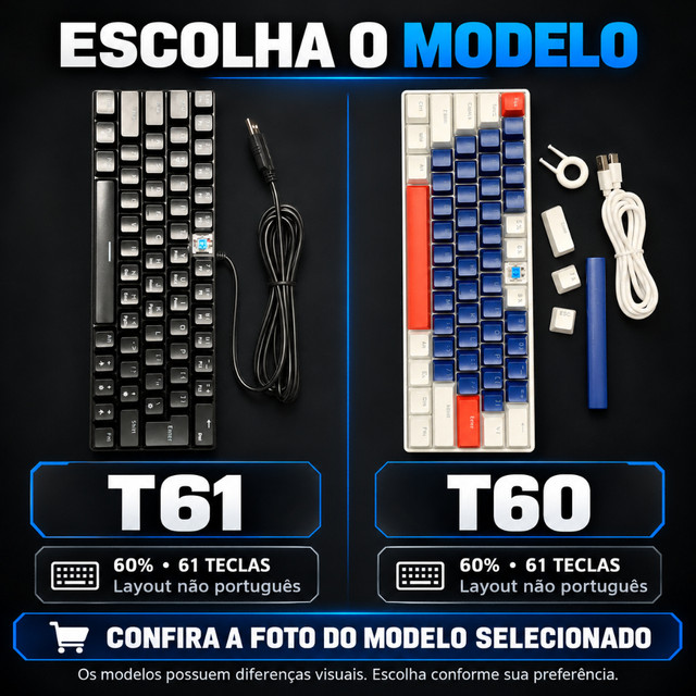 Teclado Mecânico Gamer FY T61 e T60 60% 61 Teclas Switch Azul Com Fio para PC Notebook