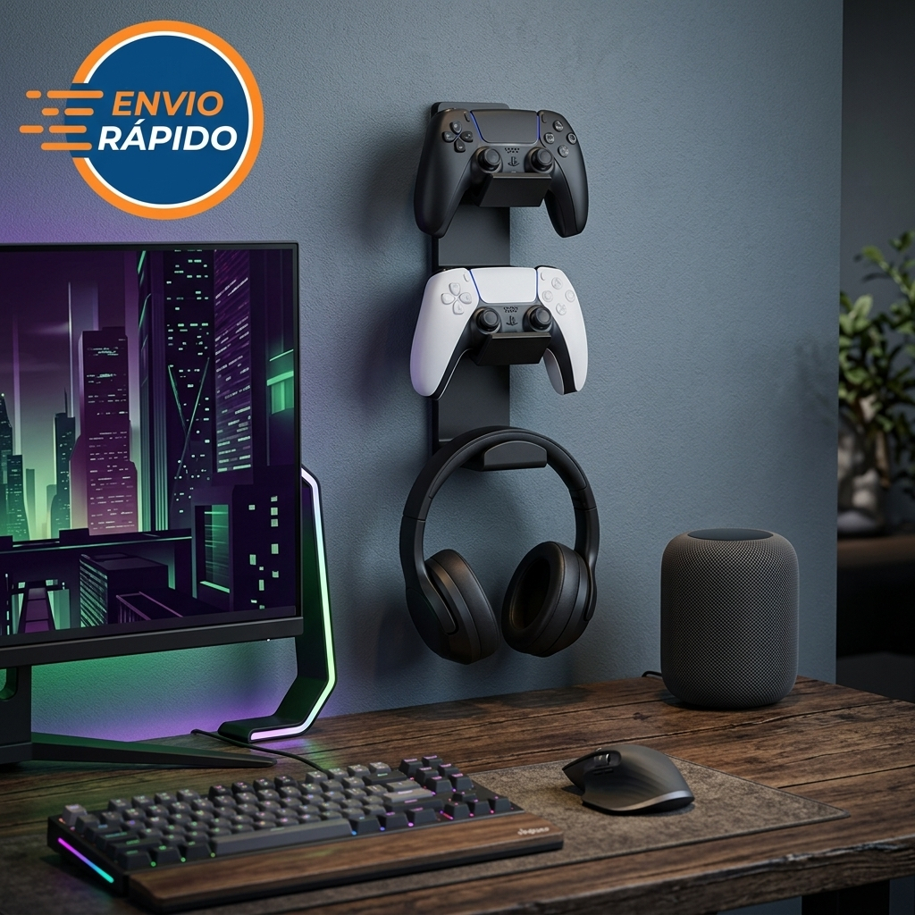 Suporte Controle de Parede 2 Controles e Headset Fone Gamer Organizador Play 5 Acessórios Setup PC Gamer