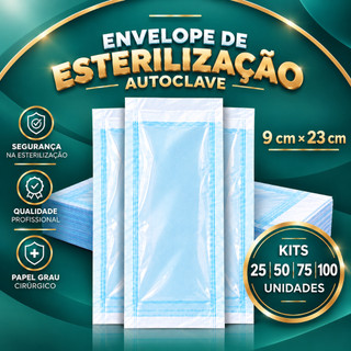 KIT 100 Envelope Esterilização Autoclave 9x23cm Auto selante Papel Grau Cirúrgico P/ Manicure Podologia Estética Odonto
