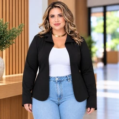 Blazer Feminino Elegante Acinturado com Recortes Plus Size Neoprene