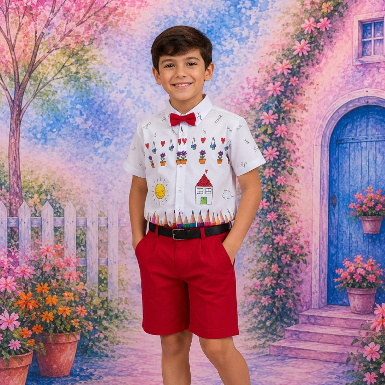 Conjunto Meninos Lapis Aquarela Vermelho ABC Formatura Escola Infantil Terno Short Vermelho