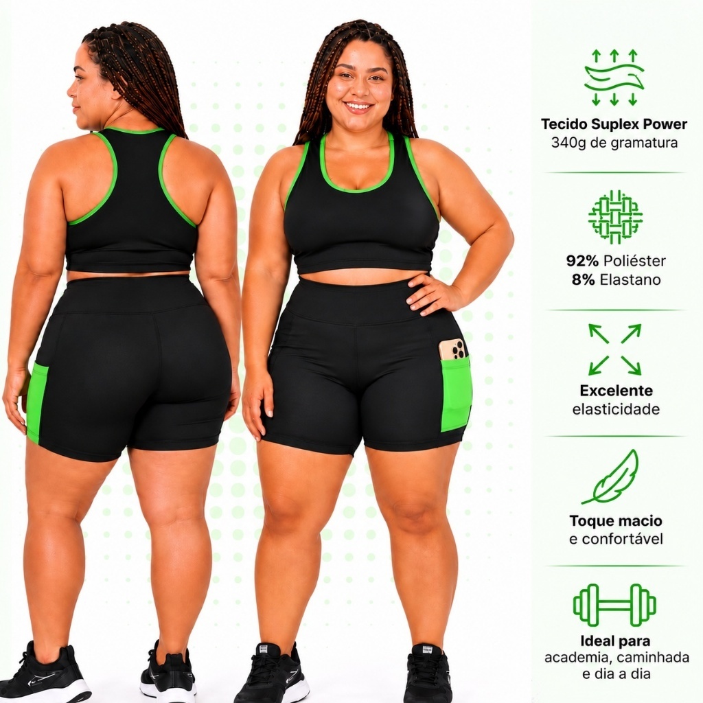 Kit 3 Conjuntos Fitness Plus Size Feminino Roupa de Academia Tamanhos Grandes G1 G2 G3 Top Nadador Short com Bolso — imagem 2 de 2