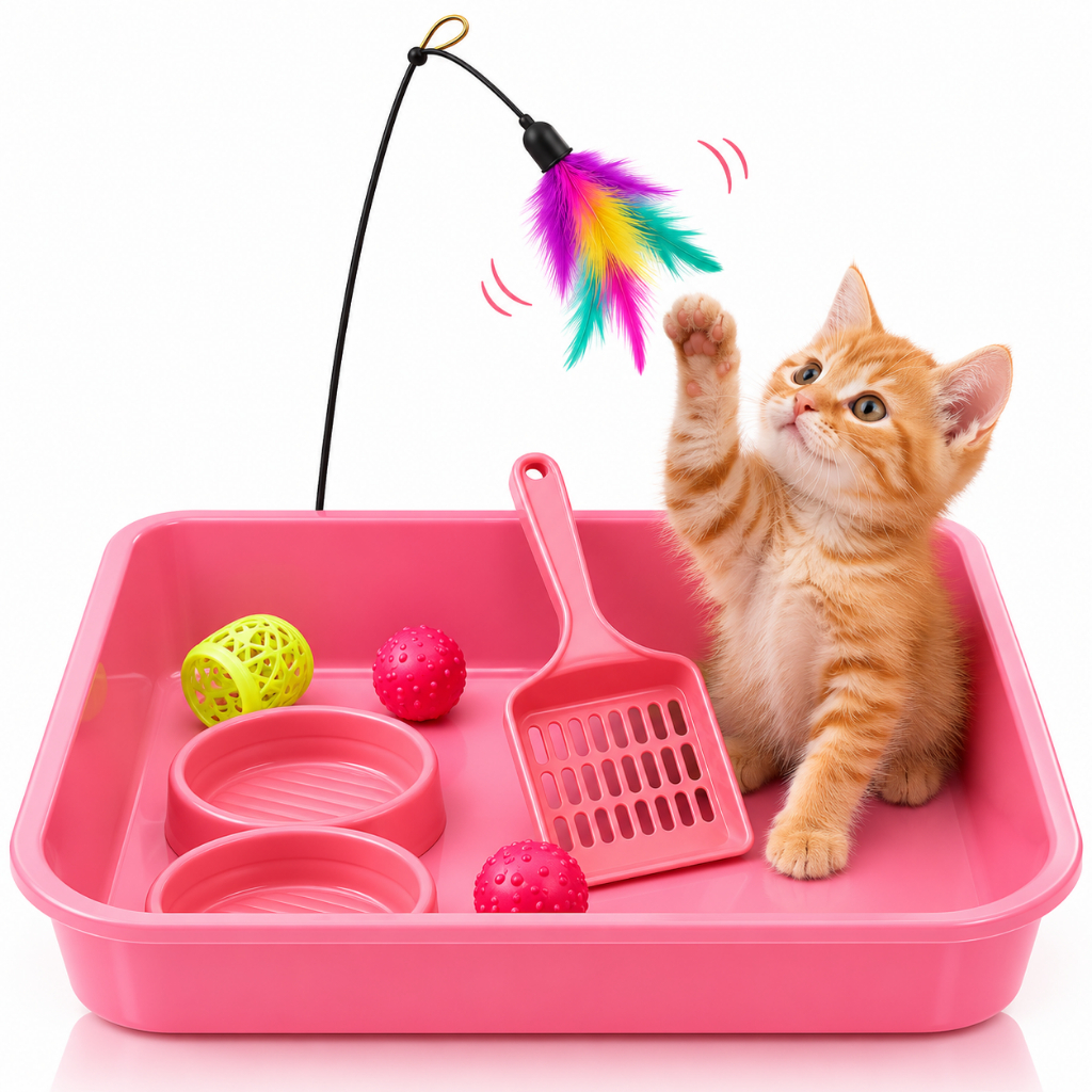 Super Kit Gato 7 Peças Bandeja Higiênica Pá Comedouro Bebedouro Bolinha Guizo Carrossel e Varinha Com Penas