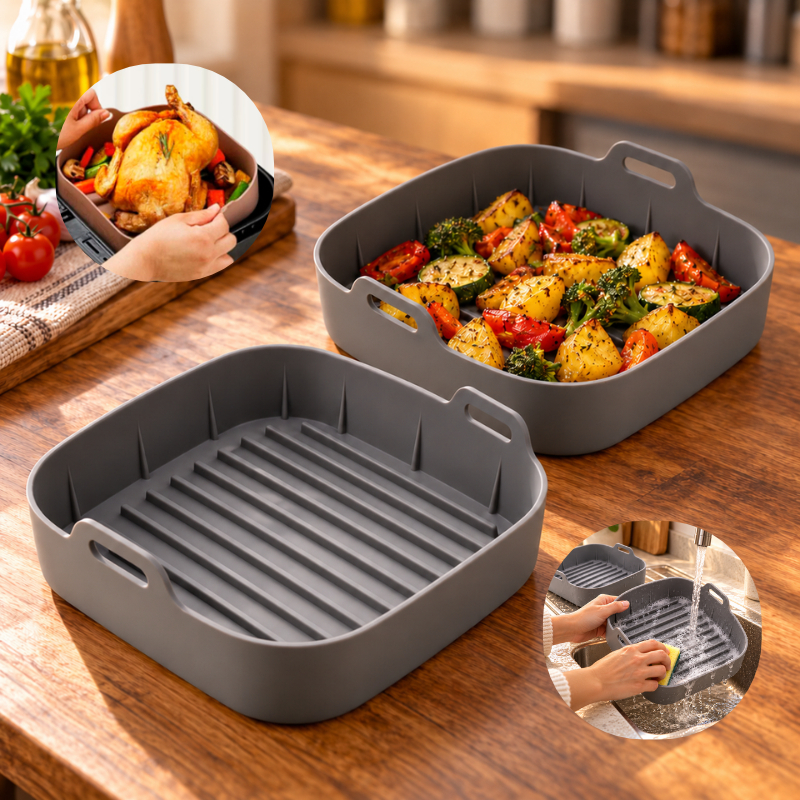 Kit 2 Formas de Silicone Quadrada 20x20cm Assadeira Air Fryer e Forno Forma para Fritadeira Elétrica com Alça
