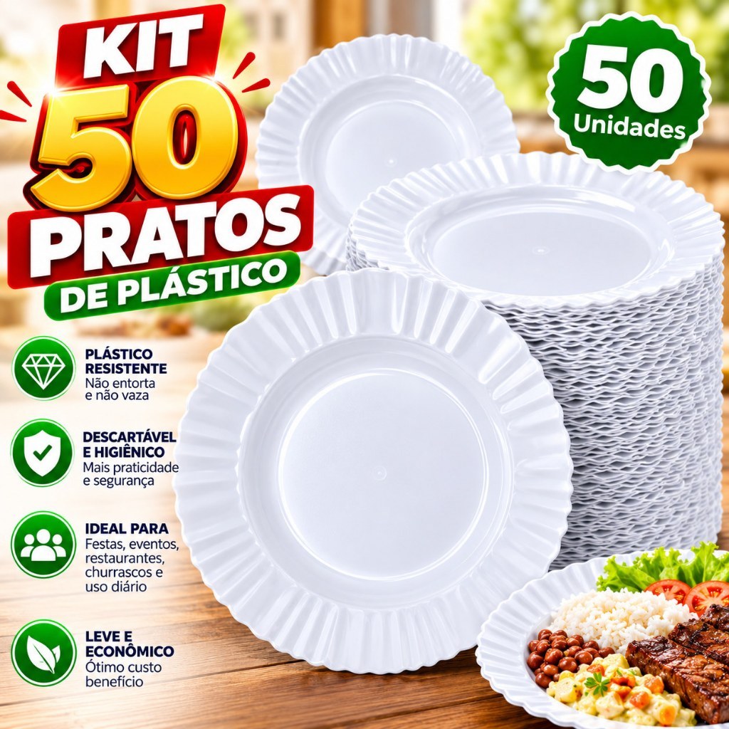kit 5- 50 Pratos Branco Fundo Com Borda Plástico Reutilizáveis Resistentes – Jogo para Churrasco, Jantar e Festa