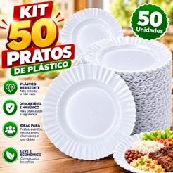 kit 5- 50 Pratos Branco Fundo Com Borda Plástico Reutilizáveis Resistentes – Jogo para Churrasco, Jantar e Festa