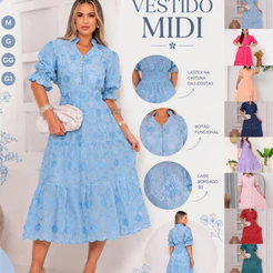 Vestido Feminino Midi Premium GOLA Laise Bordado 3D e Liso com Lastex, forro e Botão Funcional tamanho M,G,GG,G1