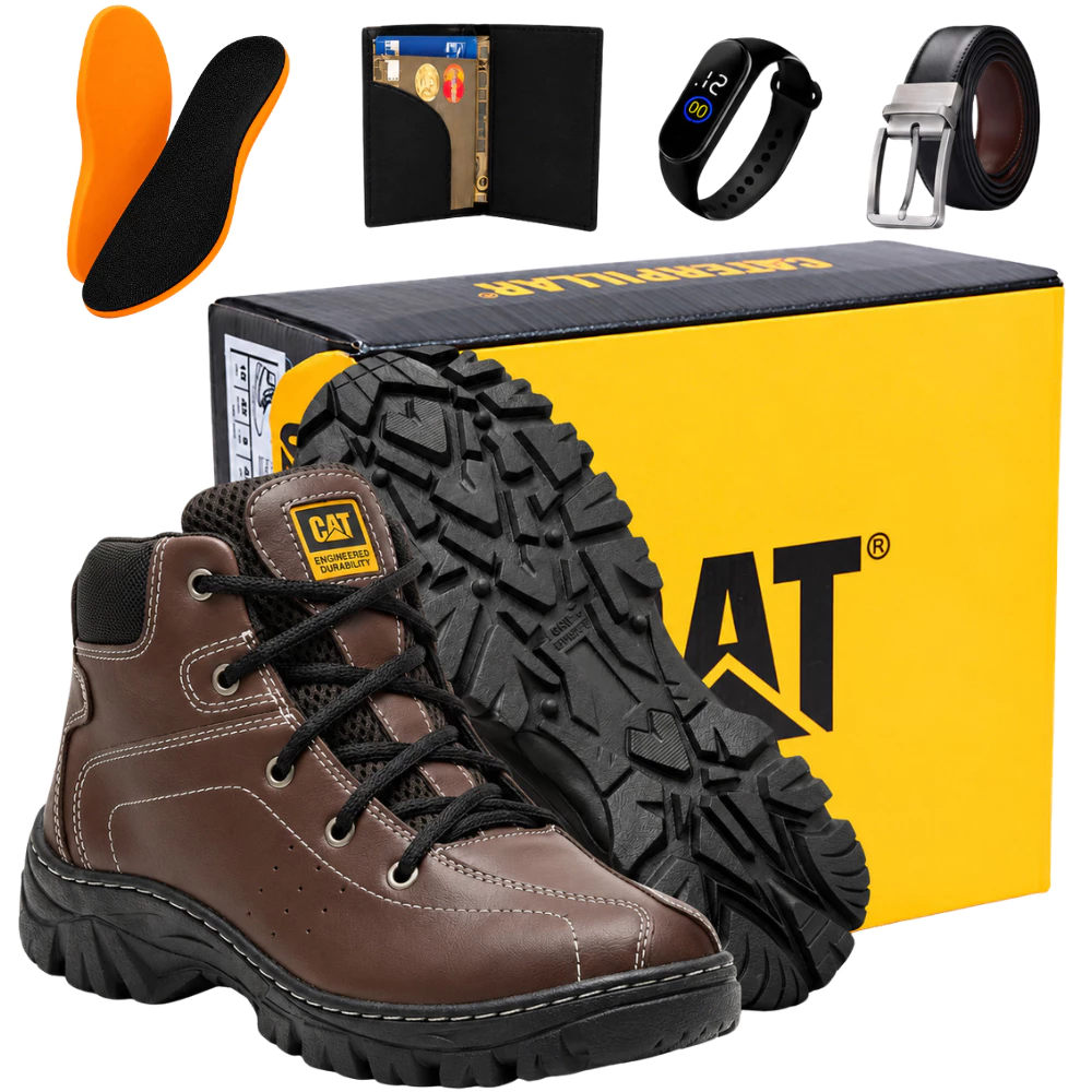 Bota Masculina Caterpillar Em Couro Resistente + Carteira + Relogio + Cinto