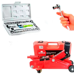 Kit Mecânico Profissional Macaco Hidráulico Jacaré 2T Eleva Car + Jogo Soquetes 40 Pçs Chave Catraca