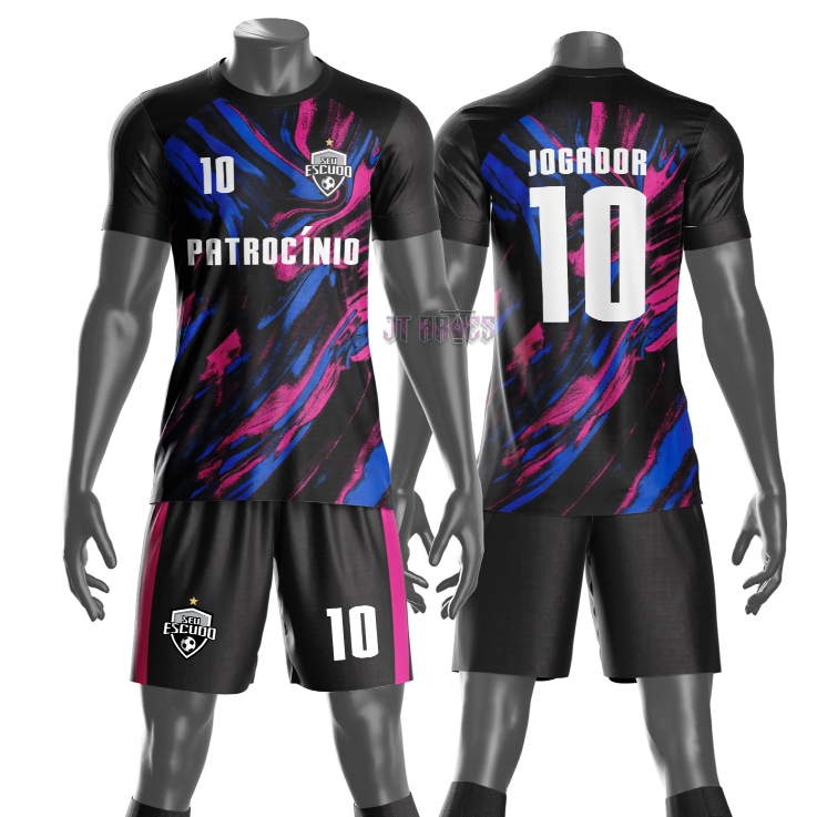 Uniforme jogador futebol amador esportivo camiseta e calção personalizavél nome número escudo mod 10