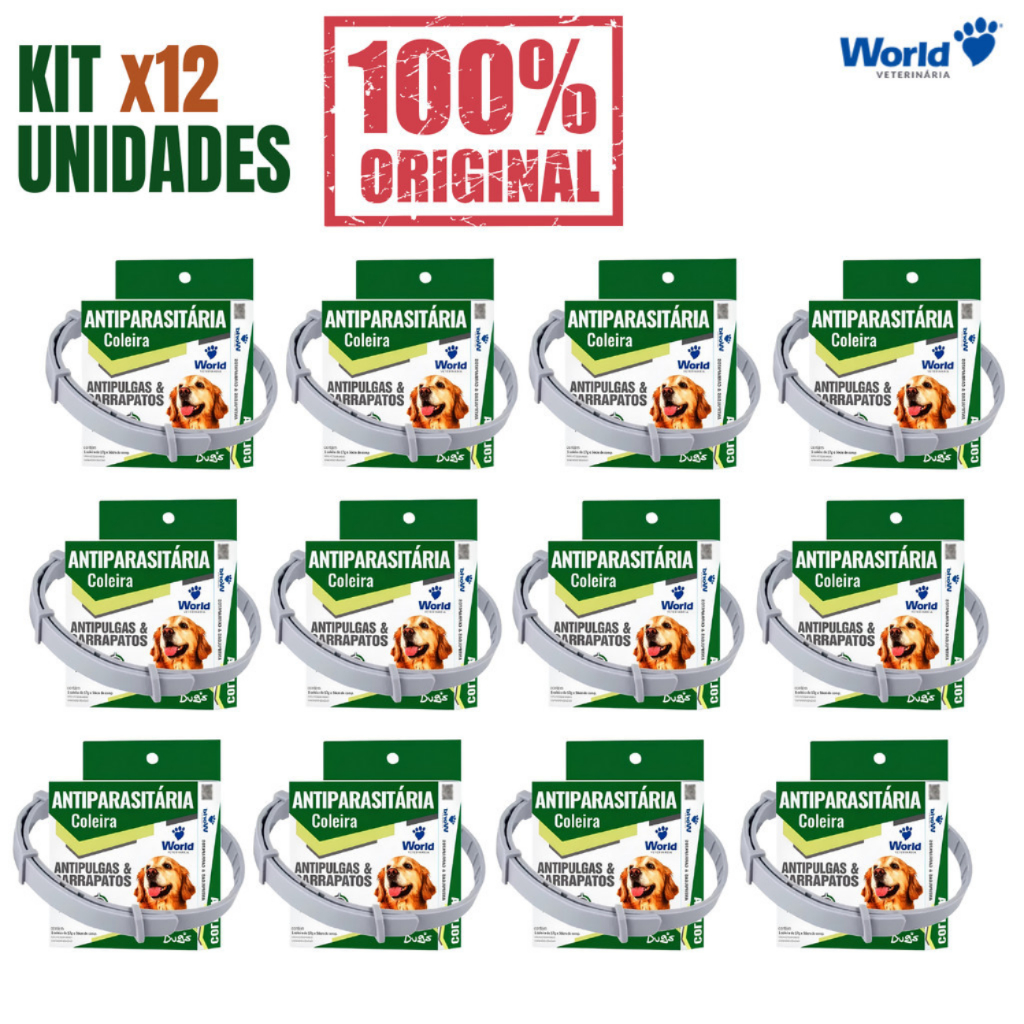 12 Coleiras Antipulgas e Carrapatos Antiparasitária Dugs World Veterinária Para Cães