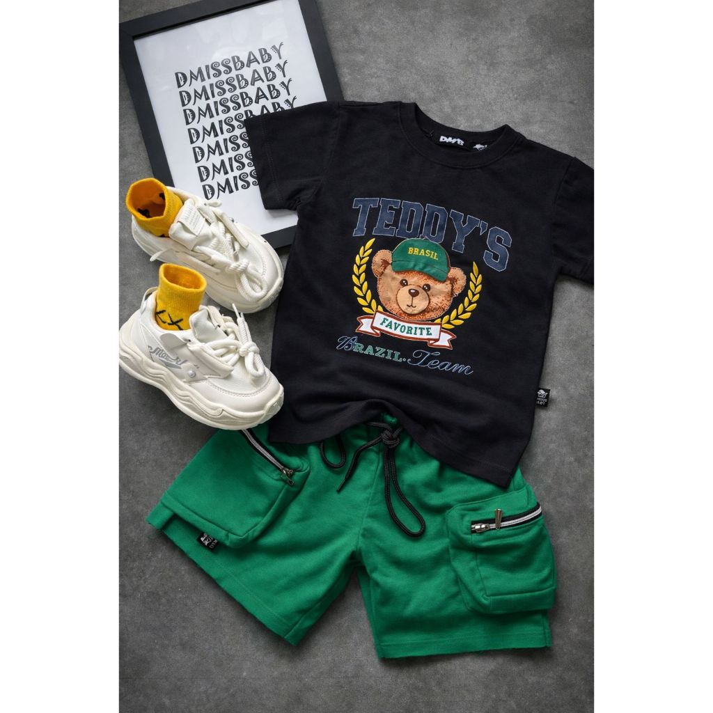 conjunto infantil 2 pcs menino verão COPA DO MUNDO CAMISA BRASIL -| CONJ-Bermuda falcon verde+camiseta preta urso brasil