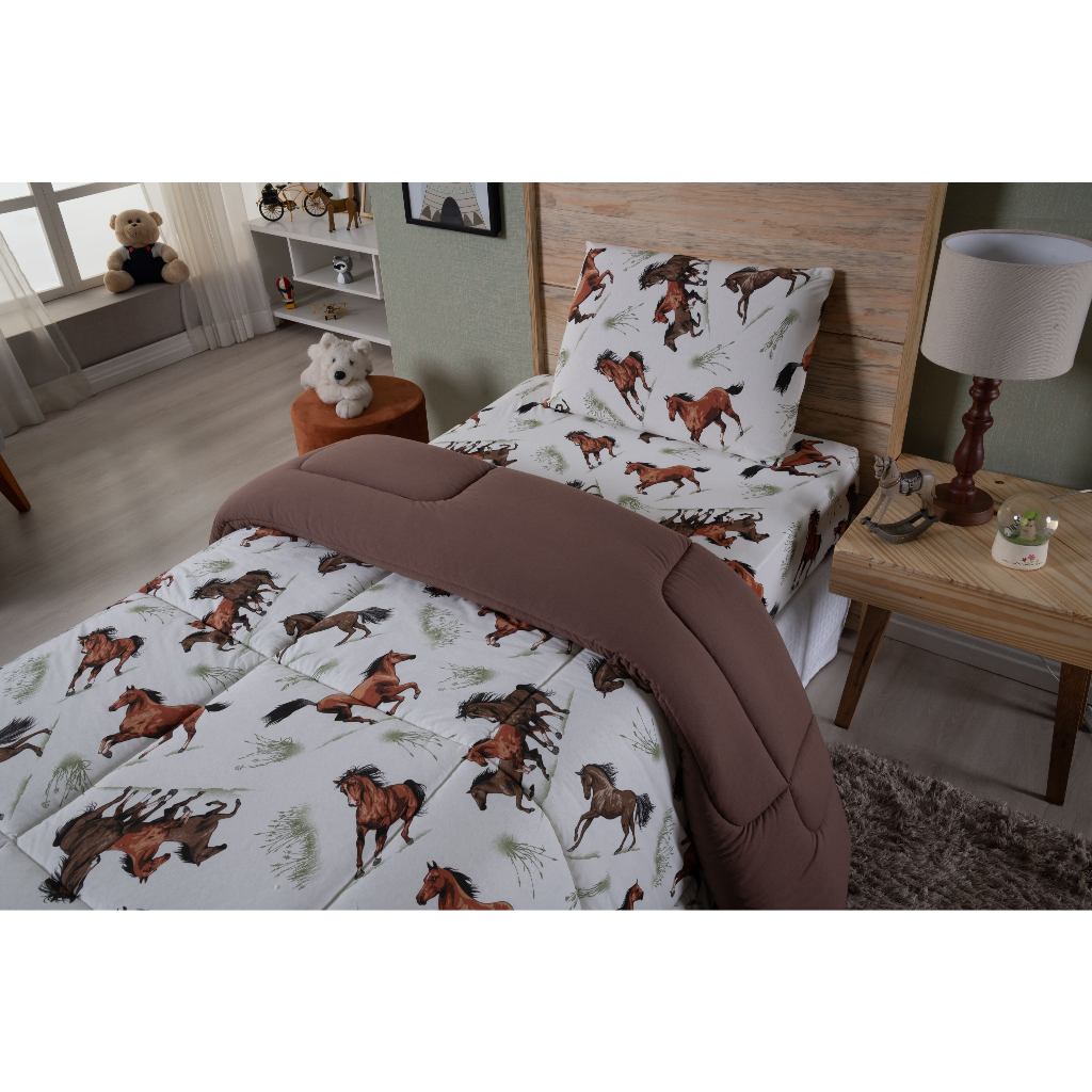 1 Edredom Malha Solteiro Cavalo 100% Algodão Cama Menino Menina Quarto Marrom