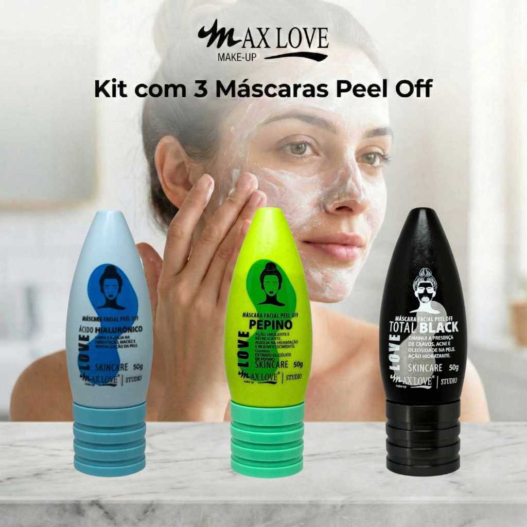 Kit com 3 Máscaras Peel Off - Ácido Hialurônico, Pepino, Total Black Max Love
