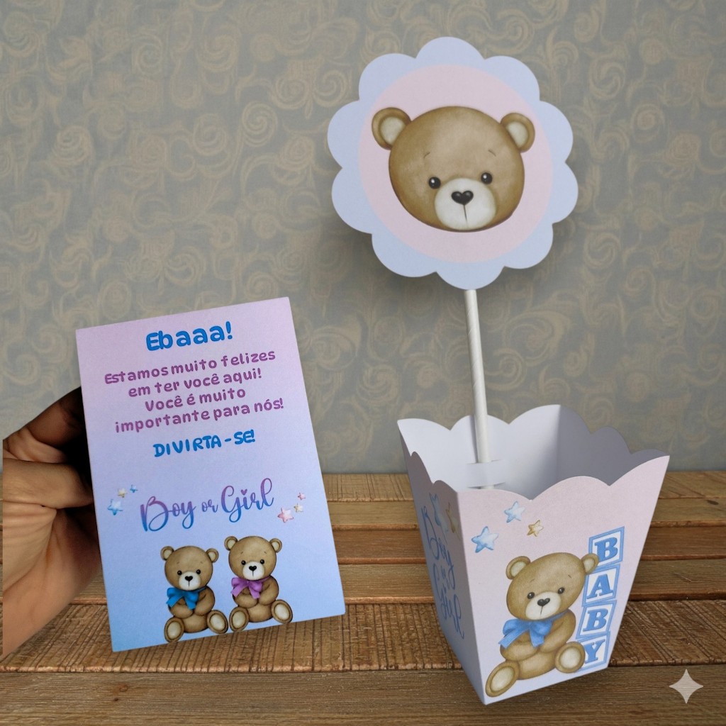 Cachepô + Plaquinhas URSINHO AZUL E ROSA - Centro de mesa decoração chá revelação - Pegue e Monte em Oferta na Shopee