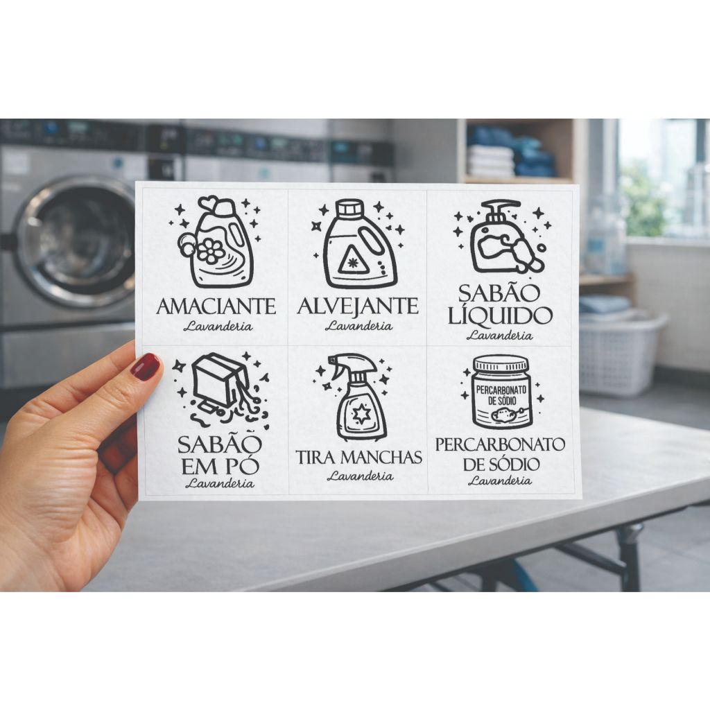 Adesivo para Lavanderia 7x7cm Sabão Líquido, Sabão em Pó, Amaciante e Tira Manchas em Oferta na Shopee