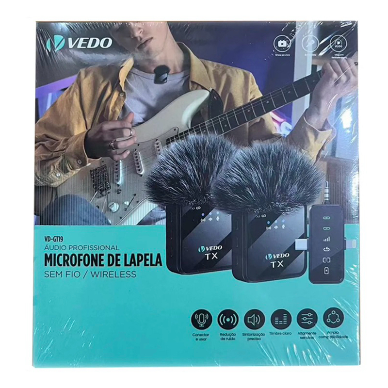 Microfone de Lapela Sem Fio Vedo Para IOS/Android/Câmeras 100m