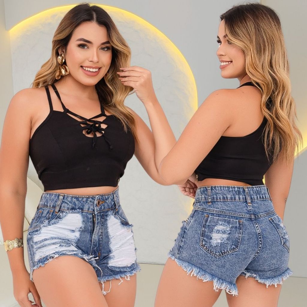 Short Jeans Feminino Detonado Desfiado Cintura Alta Com Forro