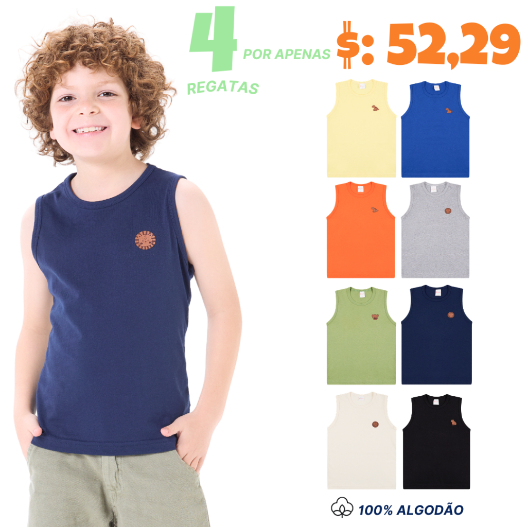 Kit 4 Regatas Infantil Menino em Meia Malha Básica Lisa 100% Algodão Verão 2 ao 10 anos em Oferta na Shopee