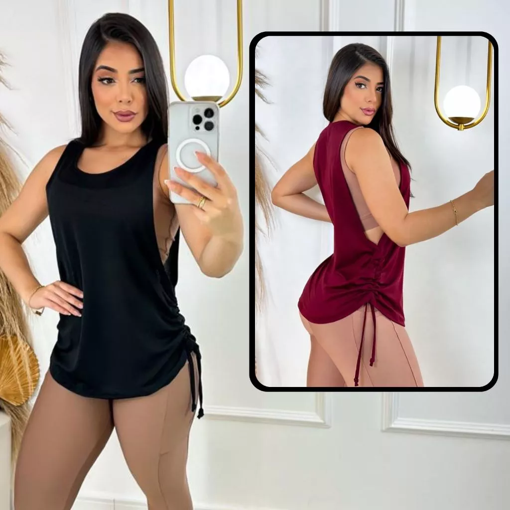 Blusa Academia Feminina Detalhe Puxar } Regata Veste Leggins Tapa Bumbum Treino Camiseta Tule Corrida Treino — imagem 1