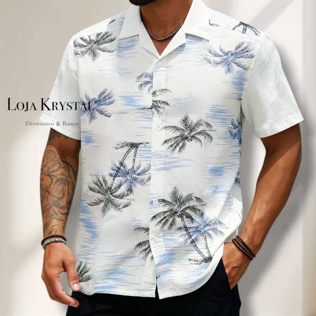 LOJA KRYSTAL Camisa Floral Havaiana Praia Verão Masculino Manga Curta De Botão