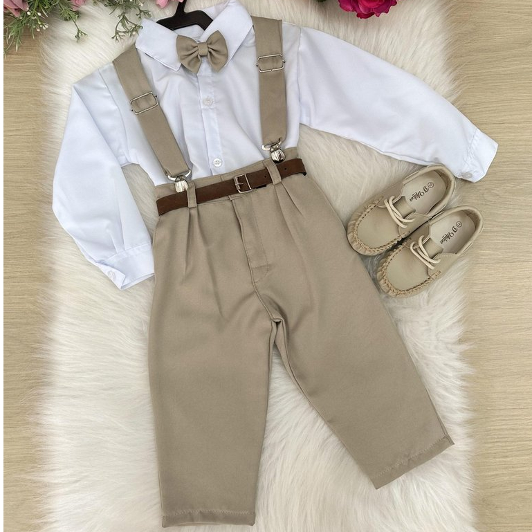 Conjunto Social Infantil Menino Bege Suspensório e Gravata Festa Batizado Casamento