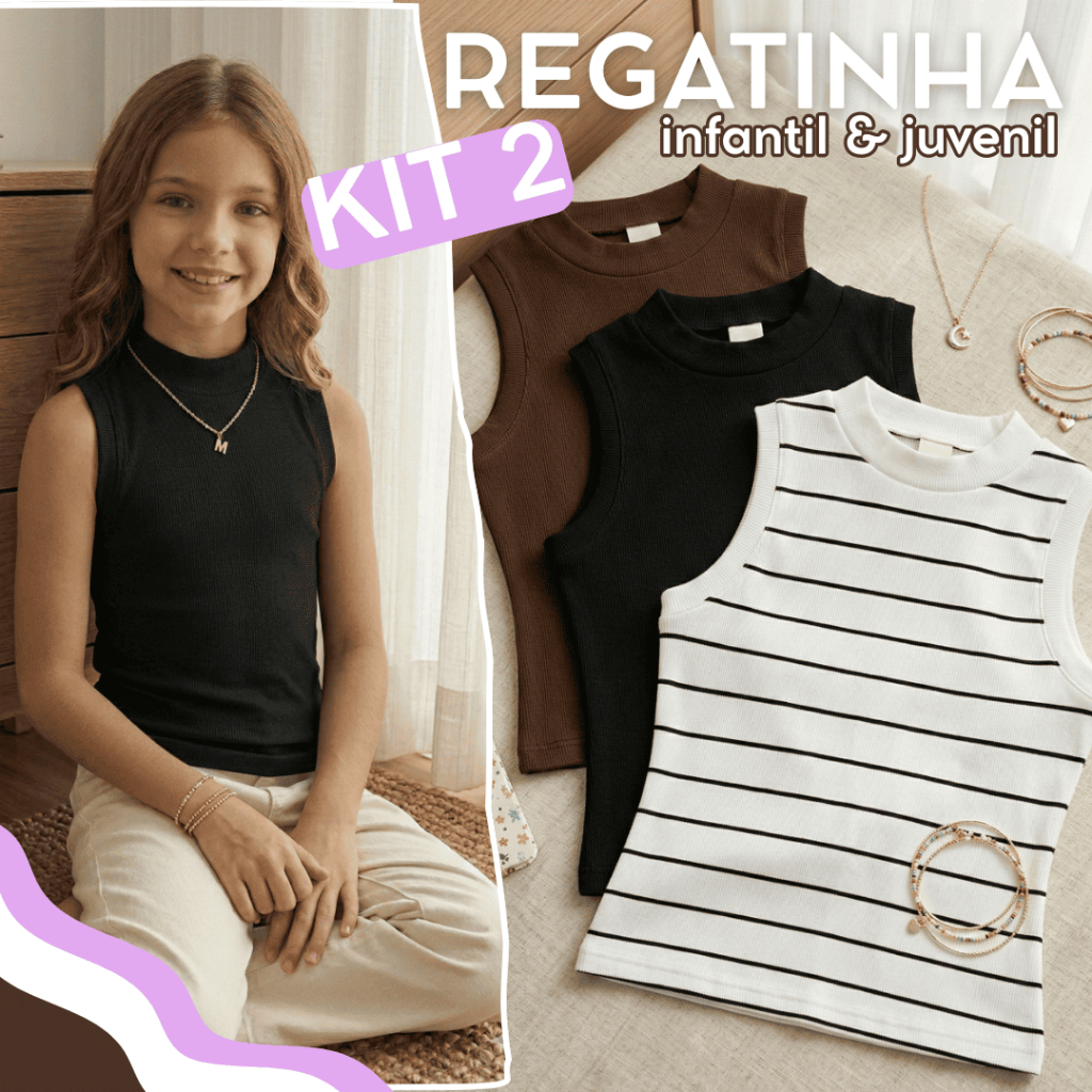KIT 2 Blusinhas Regatas de Menina Juvenil Infantil Roupa Básica Dia a Dia Blogueirinha em Oferta na Shopee