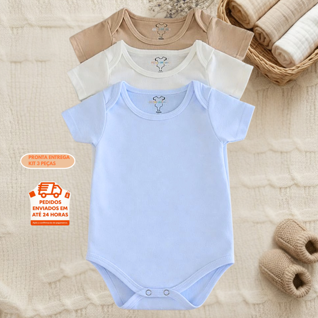 Kit com 3 ou Unidade Avulsa  Body Bebê Liso Manga Curta Cores Neutras 100% Algodão