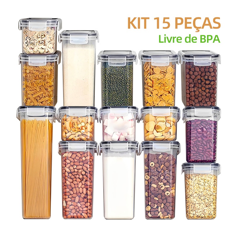 Kit 15 Recipientes Herméticos Organizadores – Antivazamento, Empilháveis e com Tampas para Armazenar Alimentos e Marmita