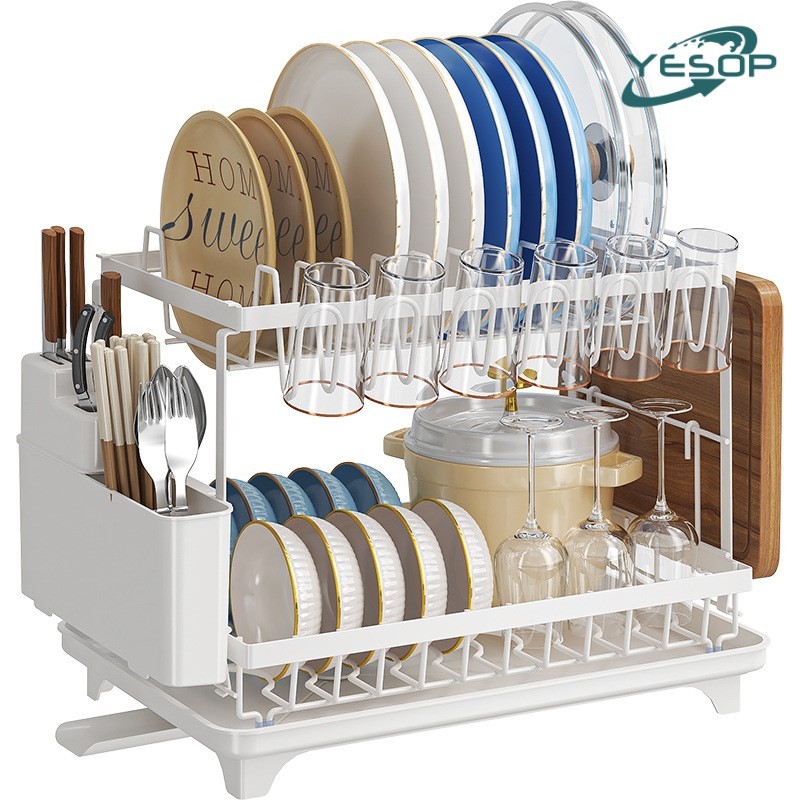 YESOP Escorredor De Louças 2 Andares Branco Aço Carbono Com Dreno 360 Graus E Porta Copos Pratos em Oferta na Shopee