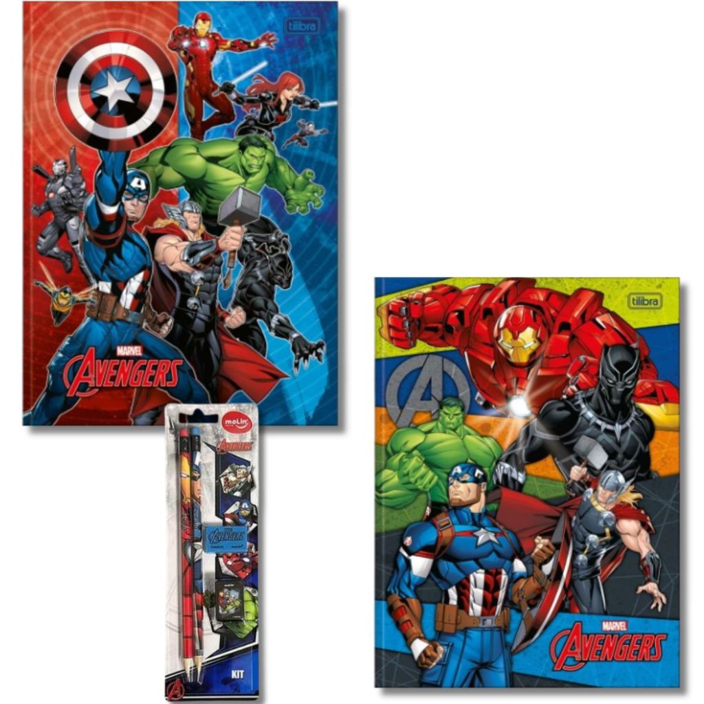 KIT AVENGERS CADERNO CARTOGRAFIA CADERNO BROCHURAO CAPA DURA 80FLS TILIBRA LAPIS BORRACHA APONTADOR