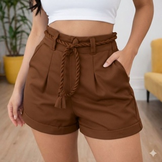 Short Alfaiataria Feminino Com Cinto Bolso e Zíper Cintura Alta em Oferta na Shopee