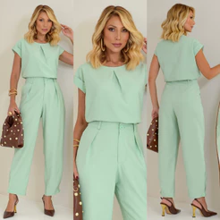 Conjunto Feminino 2 Peças Calça Alfaiataria Cintura Alta Blusa Mangas Detalhe Botões Moda Casual Elegante Trabalho Luxo