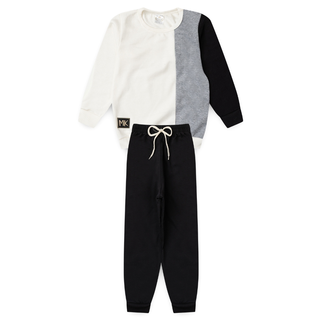 Conjunto Infantil Masculino Moletom Peluciado Recortes Plaquinha MK - Off White