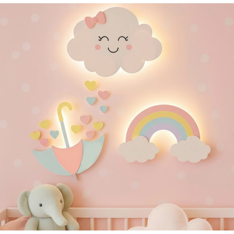 Enfeite Chuva De Amor Arco Iris Nuvem Led Luminária Mdf Chuva De Amor