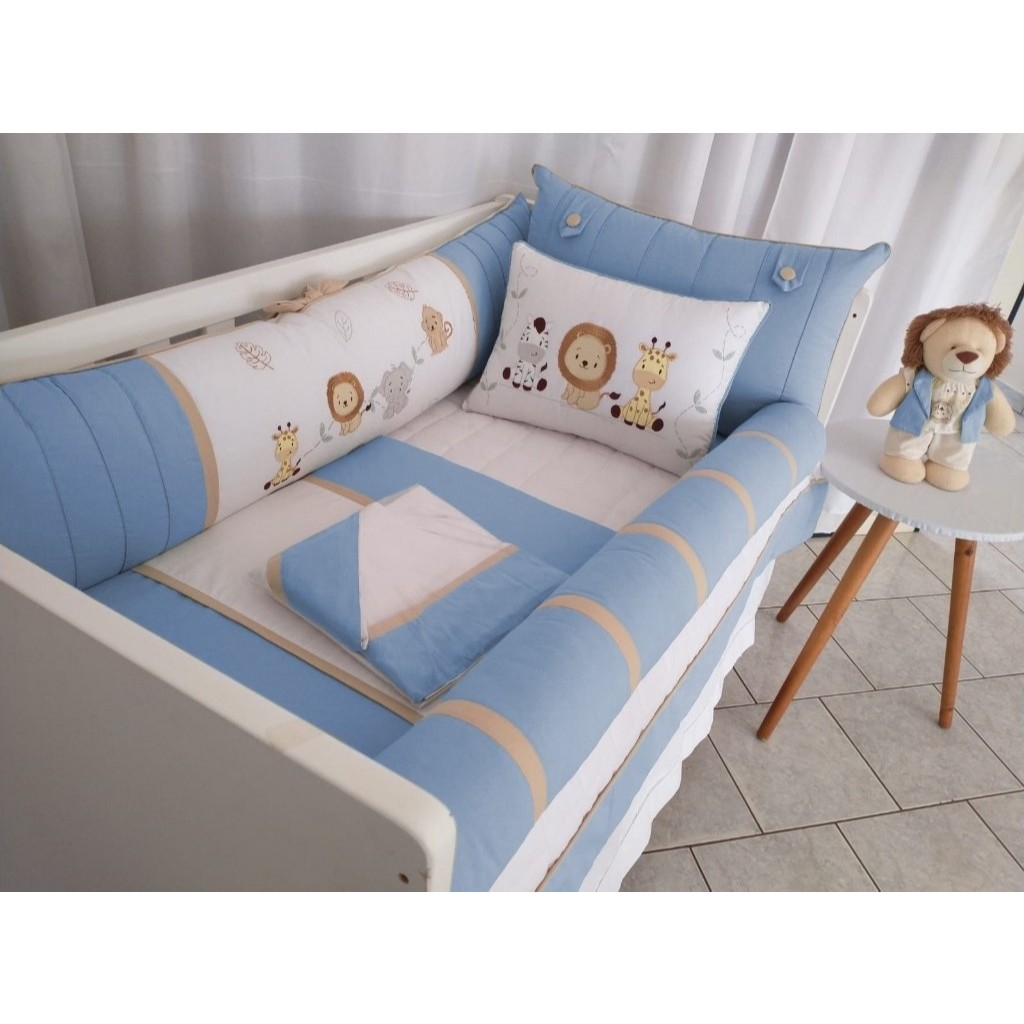Kit Berço Americano Bordado Friends Safari 10 Pçs Azul BB com Branco