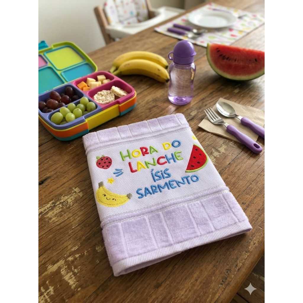 Toalha de mão bordada para lancheira escolar Hora do Lanche frutinhas com nome personalizado em Oferta na Shopee