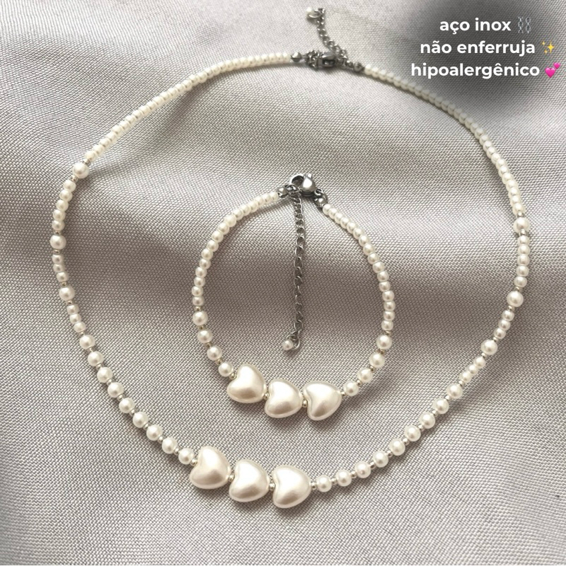 Kit Chocker Colar Pulseira Tornozeleira em Aço Inoxidavel Feminino Miçangas Pérolas | minimalista aesthetic fairycore