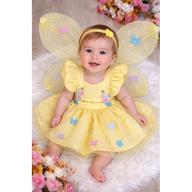 Romper Infantil Jardim Encantado Amarelo Luxo com Asa | Fantasia Fada Bebê 1 Ano |  Festa Aniversário Ensaio Fotográfico