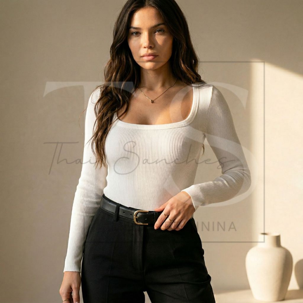 Body Feminino Manga Longa Decote Quadrado Canelado Frio Segunda Pele Elegante Básico Moda Inverno